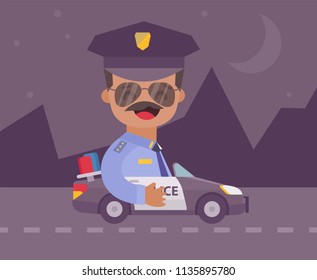 Happy comic policeman in a police car at night. Flat design cartoon style. Vector illustration