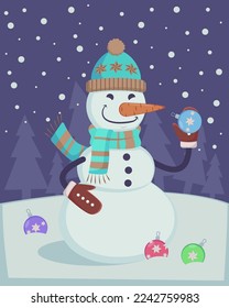 Happy comic snowman holding bauble vector illustration. Cartoon drawing of cute character in hat and scarf in snowy forest with Christmas toys or ornament. Winter holidays, decoration concept