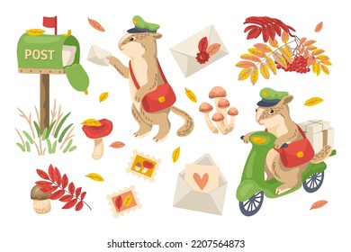 Happy Comic Wild Animal As Mailman Vector Illustrations Set. Cute Chipmunk Cartoon Character Putting Post In Mailbox Isolated On White Background. Autumn Or Fall, Mail, Delivery Service Concept