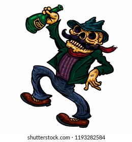 Happy comical skeleton with with a bottle of wine. Cartoon character with a mustache in a hat. Vector Illustration of alcoholic theme, the end of the working day of the weekend holidays.