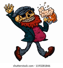 Happy comical skeleton with a mug of beer. Cartoon character with a beard in a cap. Vector Illustration of alcoholic theme, the end of the working day of the weekend holidays.