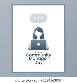 Happy Community Manager Day Illustration Featuring Female Character Working on Laptop in Minimalist Design Perfect for Online Celebrations and Social Media Content Marketing Visuals