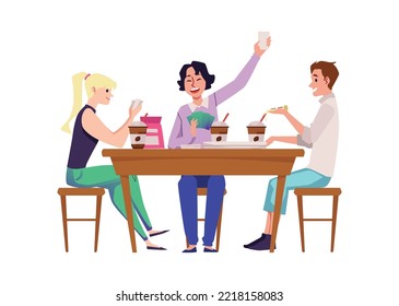 Happy company eating junk food and playing card games flat style, vector illustration isolated on white background. Snack people, coffee, joyful girls and boy