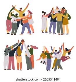 Happy company of people, cheering crowd having fun on party. Man and woman, teammates or colleagues celebrating victory or achievement of goal at work. Partners and friends, vector in flat style