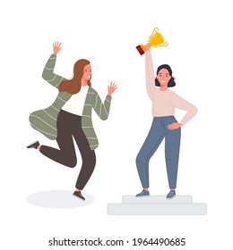 Happy competition champions holding golden cup. Success people winners awarded trophy. Vector illustration business leader team concept