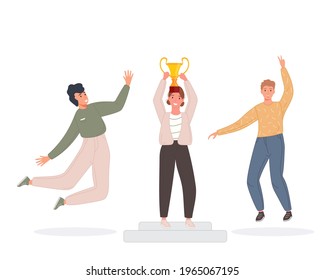 Happy competition champions holding golden cup. Success people winners awarded trophy. Vector illustration business leader team concept