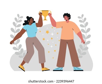 Happy competition champions. Successful male and female winners awarded with prize or trophy. Happy characters hold gold cup. Victory of athletes. Cartoon contemporary flat vector illustration