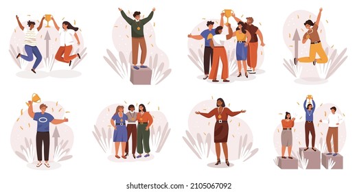 Happy competition champions web concept in flat design. Men and women receive awards and celebrate victory, triumph and achievement of goals in business modern people scene. Vector illustration.