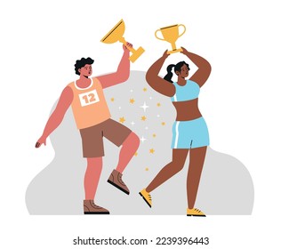 Happy competition champions. Young male and female athletes in sportswear hold trophies or prizes in their hands. Successful characters awarded with gold cups. Cartoon flat vector illustration
