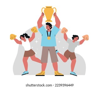 Happy competition champions. Young male athlete with support group holds winner gold cup and rejoices. Successful male character receives trophy. Cartoon contemporary flat vector illustration