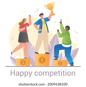 Happy Competition Konzept mit Gewinner und Läufer auf dem Podium, die eine GoldTrophäe hochhalten und den Erfolg mit Champagner feiern, farbige Cartoon-Vektorgrafik mit Text-Text