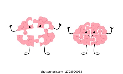 Happy completed brain puzzle and broken brain puzzle cartoon character. Mental health concept for psychology and awareness. Vector illustration