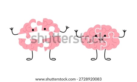 Happy completed brain puzzle and broken brain puzzle cartoon character. Mental health concept for psychology and awareness. Vector illustration