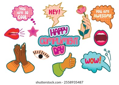 Happy Compliment Day! Cartoon banner in Pop Art style.Speech bubbles with hand written text, clapping palms, hand with flower, gesture of approval, lips and eye.Vector flat color illustration on white