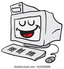 happy computer cartoon illustration isolated on white