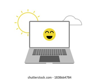 Happy computer illustration concept. Smiling emoji on a screen. Open laptop symbol on a white background. Vector.