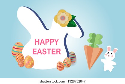 Happy concept of Easter With white rabbits, carrots and colorful eggs ready to send happiness to everyone, illustration - vector 