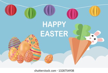 Happy concept of Easter With white rabbits, carrots and colorful eggs ready to send happiness to everyone, illustration - vector 