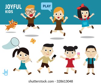 happy concept.
kids diverse of costume and action poses.
flat design illustration.