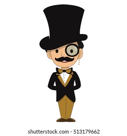 Happy concierge greeted with a smile. Leading Events and Celebrations, Toastmaster at a Wedding, Animator. Presenter. Showman. Color vector illustration. Retro Cartoon Design