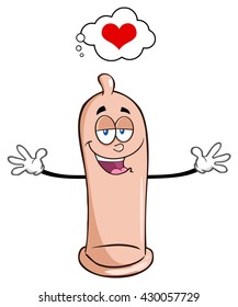 Happy Condom Cartoon Character With Open Arms And A Heart. Vector Illustration Isolated On White Background