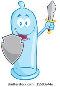 Happy Condom Guarder With Shield And Sword