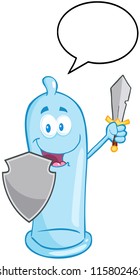 Happy Condom Guarder With Shield,Sword And Speech Bubble