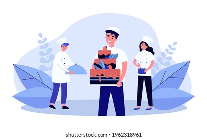 Happy confectioner holding big cake. Smiling cook finishing order, proud colleagues flat vector illustration. Cooking, cafe, restaurant concept for banner, website design or landing web page