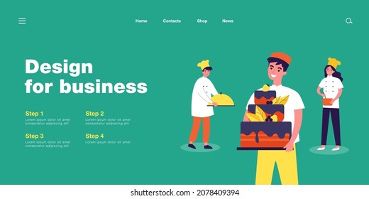 Happy confectioner holding big cake. Smiling cook finishing order, proud colleagues flat vector illustration. Cooking, cafe, restaurant concept for banner, website design or landing web page