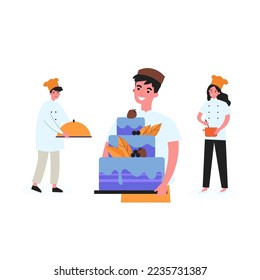 Happy confectioner holding big cake. Smiling cook finishing order, proud colleagues flat vector illustration. Cooking, cafe, restaurant concept for banner, website design