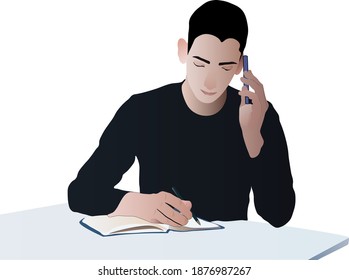 Happy confident business man. The guy takes notes. Talking on the phone.