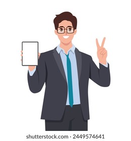 Happy confident business man showing a blank screen tablet computer with peace hand sign. Flat vector illustration isolated on white background