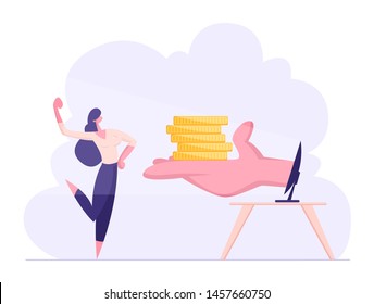 Happy Confident Business Woman Demonstrate Muscles Receive Money from Hand at Computer Monitor. Internet Earning, Investment, Income, Businesswoman Make Money Online. Cartoon Flat Vector Illustration