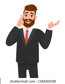 Happy Confident Businessman Speaking On Smartphone And Gesturing Hand To Copy Space. Business Man Talking On The Mobile Phone And Standing Against Isolated White Background. Vector Illustration.