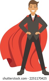 Happy confident businessman with super work powers in red cape. Cartoon character