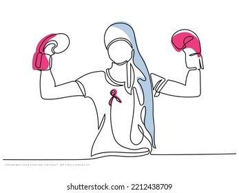 happy confident female cancer patient wearing boxing gloves standing in pink background. Internation cancer awareness compaign. Breast cancer month. National cancer awareness day continuous line art