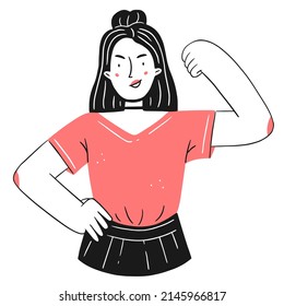 A happy confident girl in a linear style. A woman demonstrates strength. A strong woman. Girl power. Vector isolated illustration.