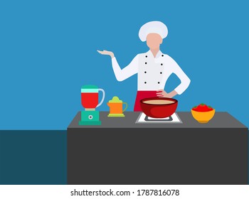 Happy confident lady chef cooking on induction with mixer and bowls on blue background vector concept