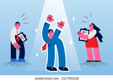 Happy Confident Male Employee Dance In Spotlight, Colleagues Feel Jealous And Envy. Smiling Man Worker Celebrate Work Promotion Of Success In Front Of Rivals. Competition. Vector Illustration. 