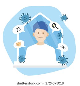 Happy confident Men is standing and look through out the window with many of coronavirus outside and thinking about hobby that he doing when stay home. Concept of quarantine.