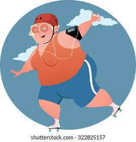 Happy confident overweight lady in a helmet with a smartphone riding roller skates, vector illustration, EPS 8, no transparencies