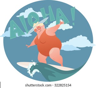 Happy confident overweight lady in a swimsuit riding a surf board, vector illustration, EPS 8, no transparencies