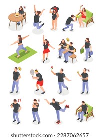 Happy confident overweight people enjoying life doing sport dancing walking isometric set isolated vector illustration