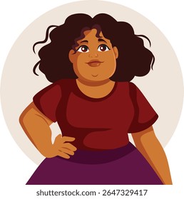 
Mulher feliz e confiante de excesso de peso de caráter vetor da etnia africana. Bonito corpo positivo curvy senhora de etnia negra 