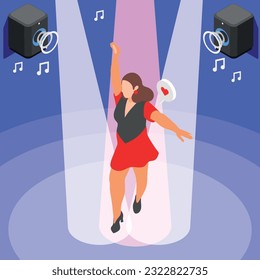 Happy confident overweight woman performing on stage in spotlight isometric background 3d vector illustration