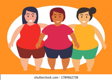 Happy and confident overweight women flat design vector concept