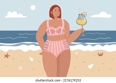 Happy confident plus size woman in a swimsuit on a beach