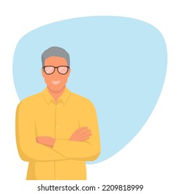 Happy confident senior smiling with crossed arms, social media and advertising template with copy space