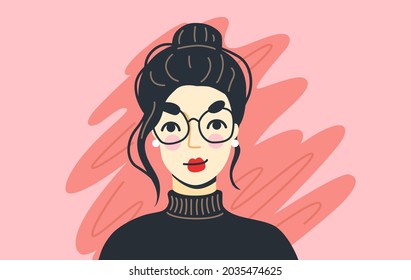 Happy confident woman. Cartoon portrait and avatar of young woman. Flat hand-drawn vector illustration.