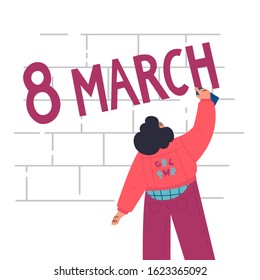 Happy confident woman draws graffiti on the brick wall.8 march lettering.International women day.look from the back.Flat cartoon characters on white background.Colorful vector illustration